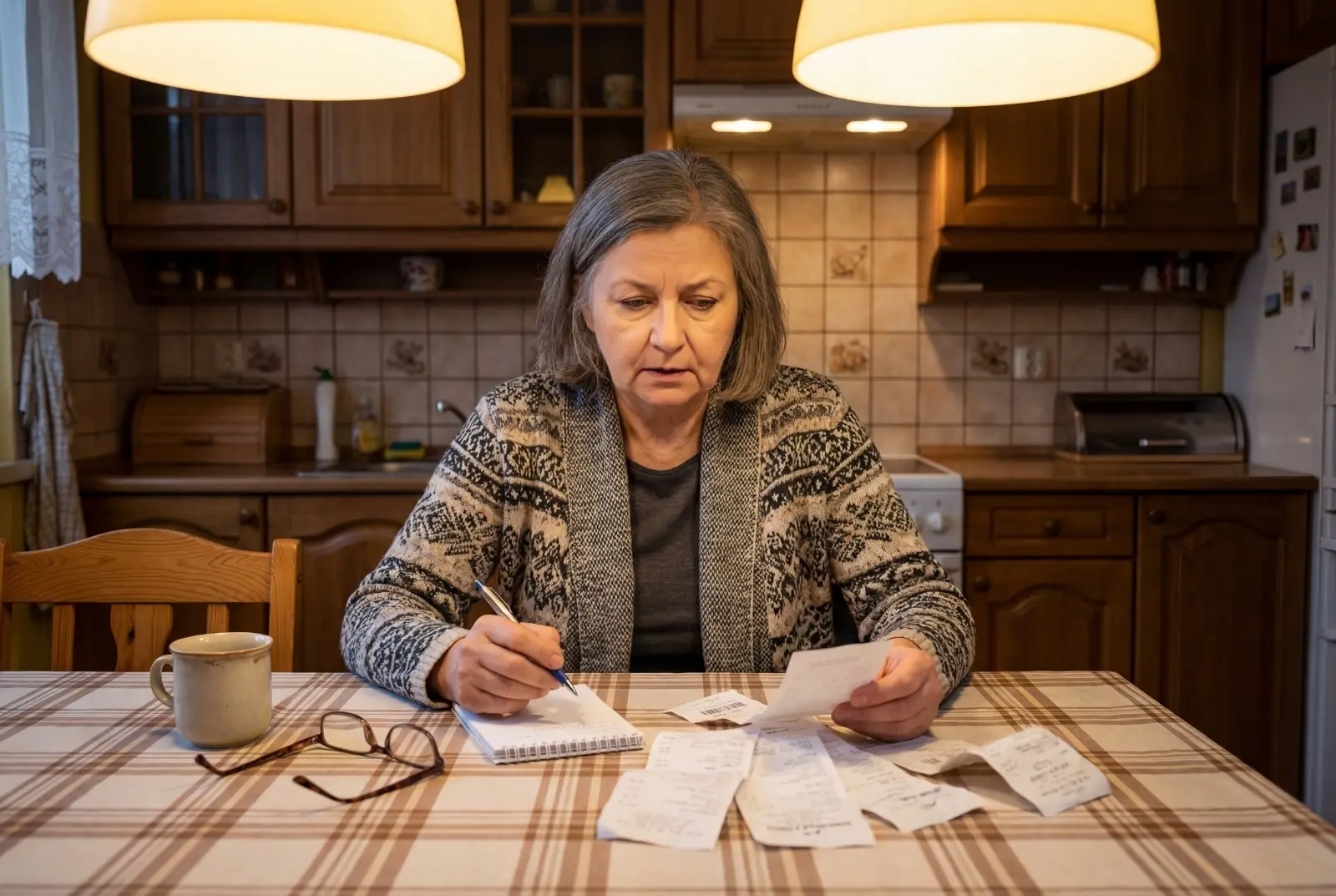 Kobieta przy kuchennym stole obliczająca wydatki domowe z paragonami, notatnikiem i długopisem