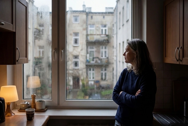 Kobieta patrząca przez okno w zamyśleniu